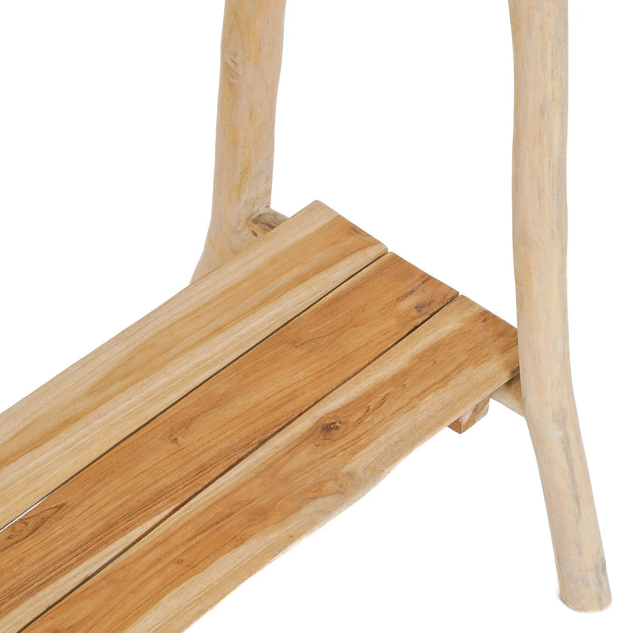 Étagère en teck naturel avec tringle branche et étagère, design rustique et élégante