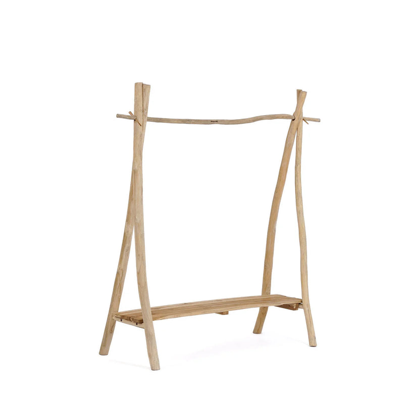 Portant à vêtements en teck naturel avec tringle branche et étagère – 120x50 cm