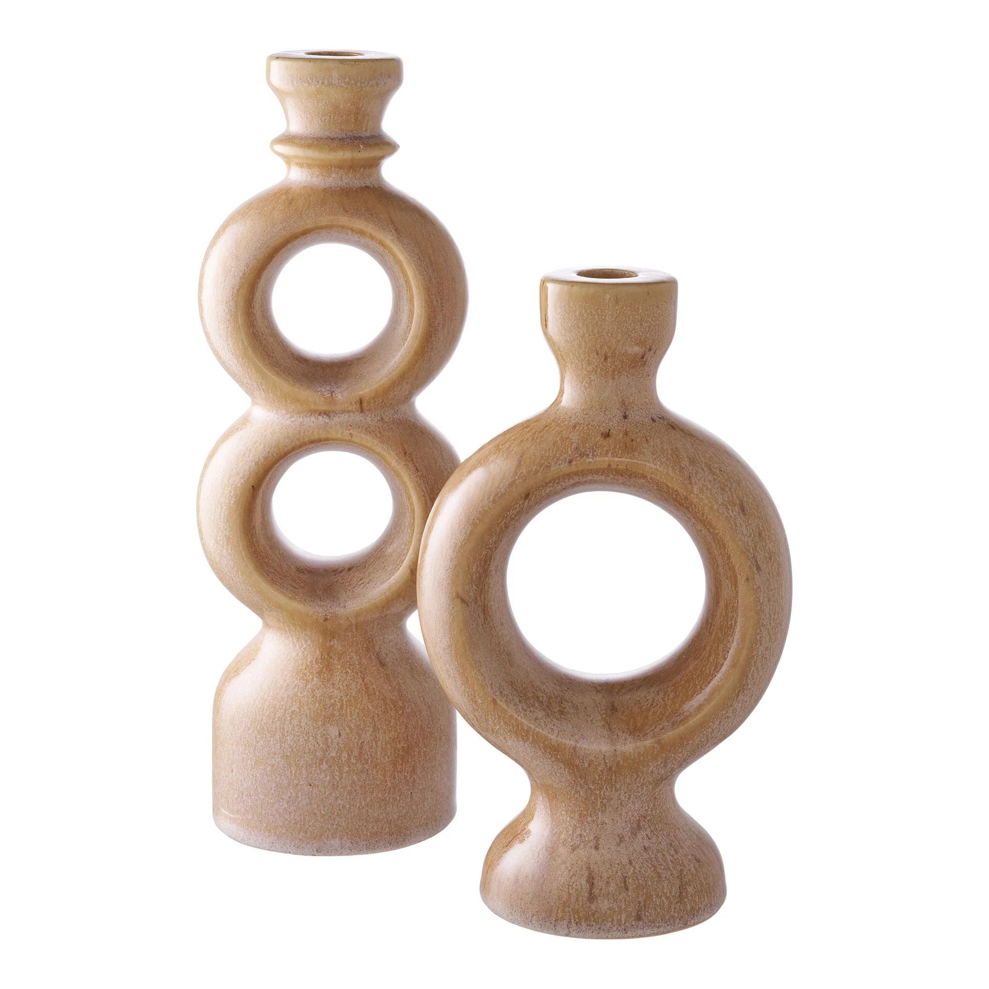 Deux vases en céramique marron avec découpes circulaires pour porte-bougie