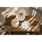 Porte-bougie floral blanc en coquillages sur table bois rustique