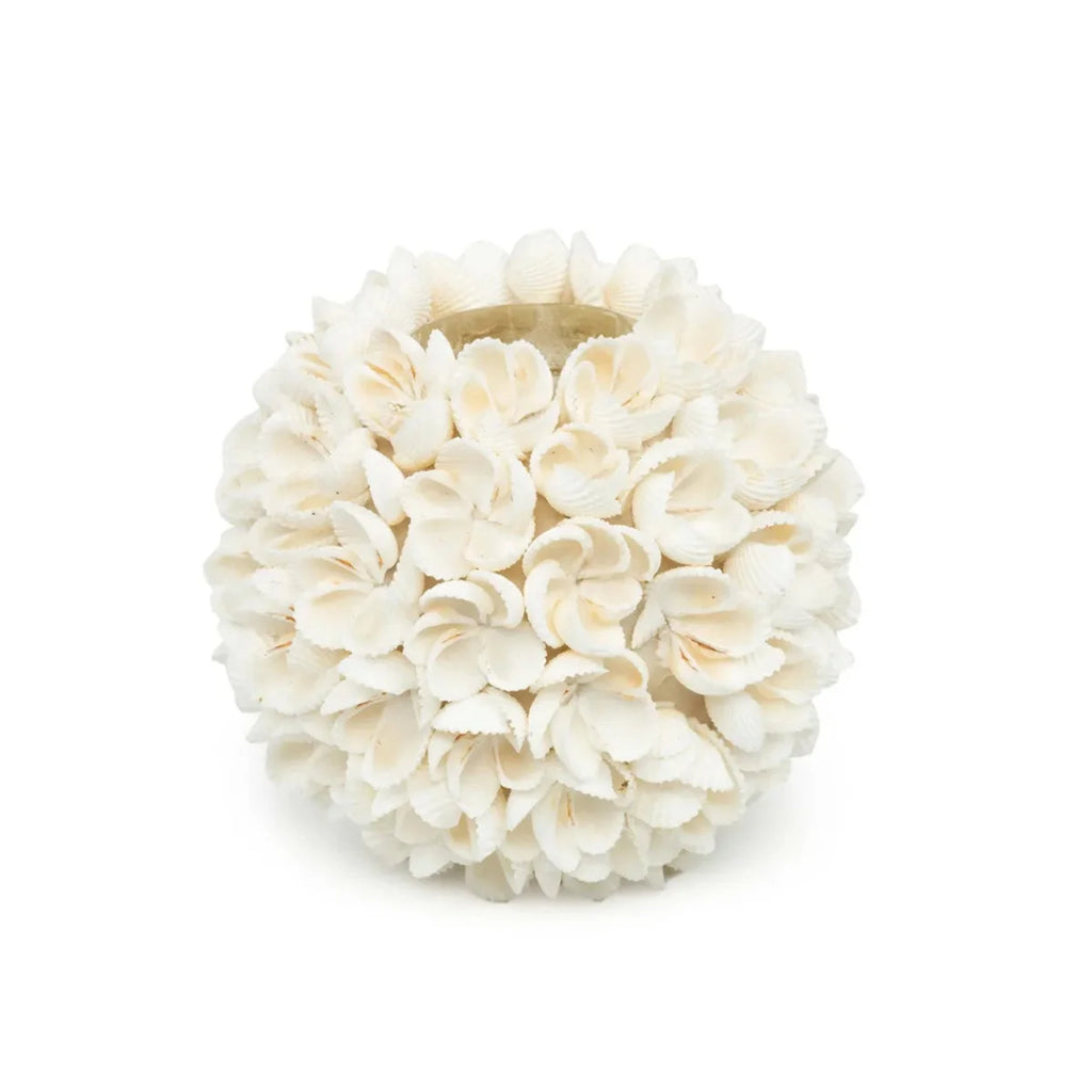 Porte-bougie en coquillages blancs motif floral boule décorative