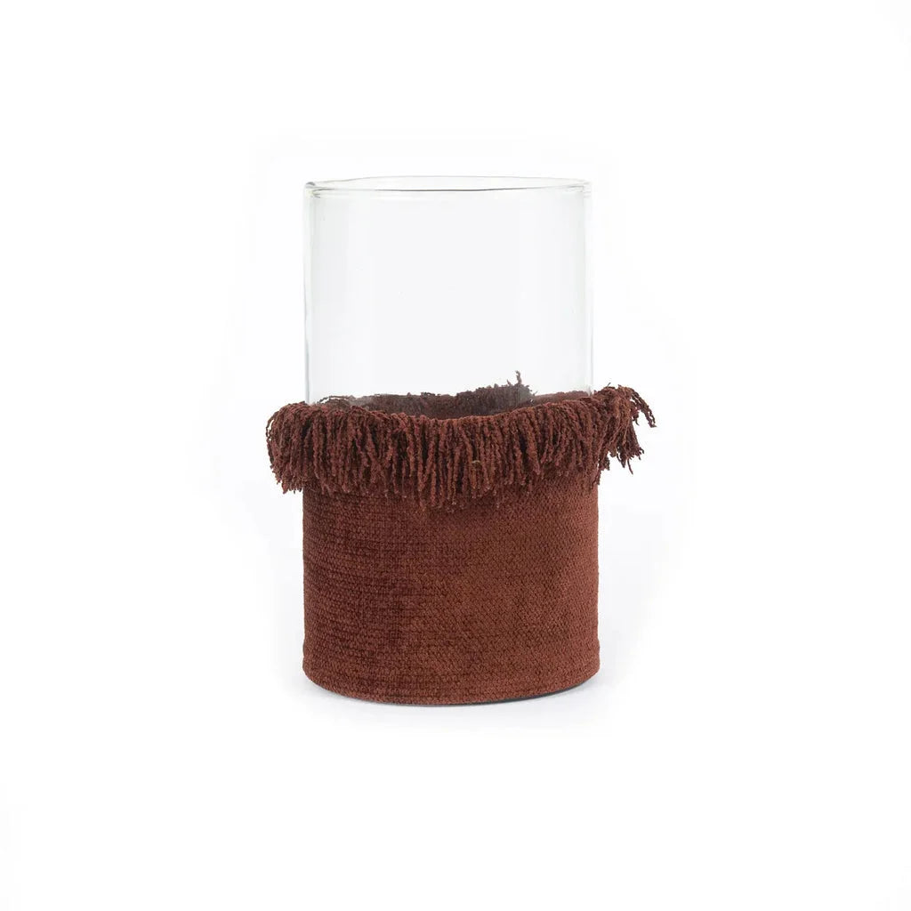 Vase cylindrique en verre avec manchon en velours bordeaux à franges XXL