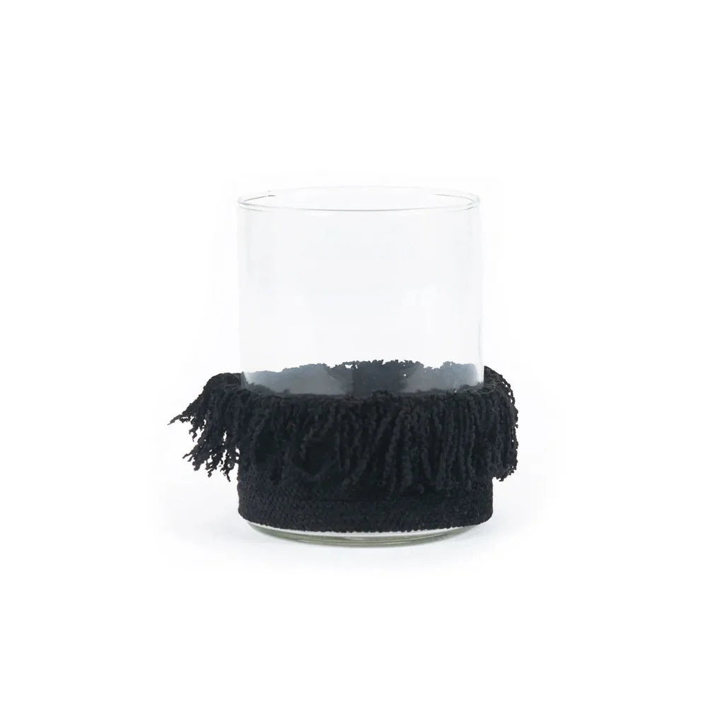 Support de bougie en verre clair avec frange noire, Le porte-bougie Oh My Gee Velours noir L
