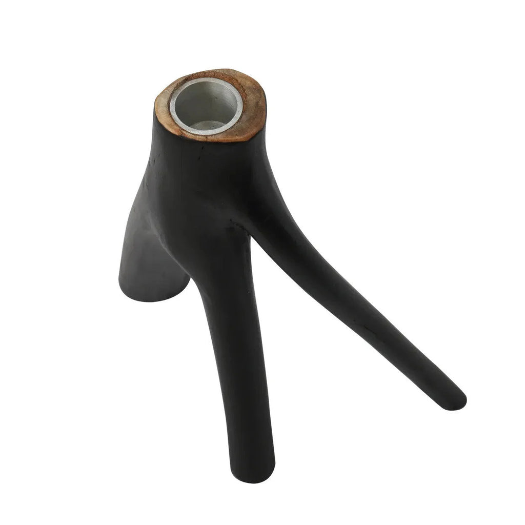 Porte-bougie sculptural noir en forme de brindilles naturelles avec pipe en bois et bol en métal