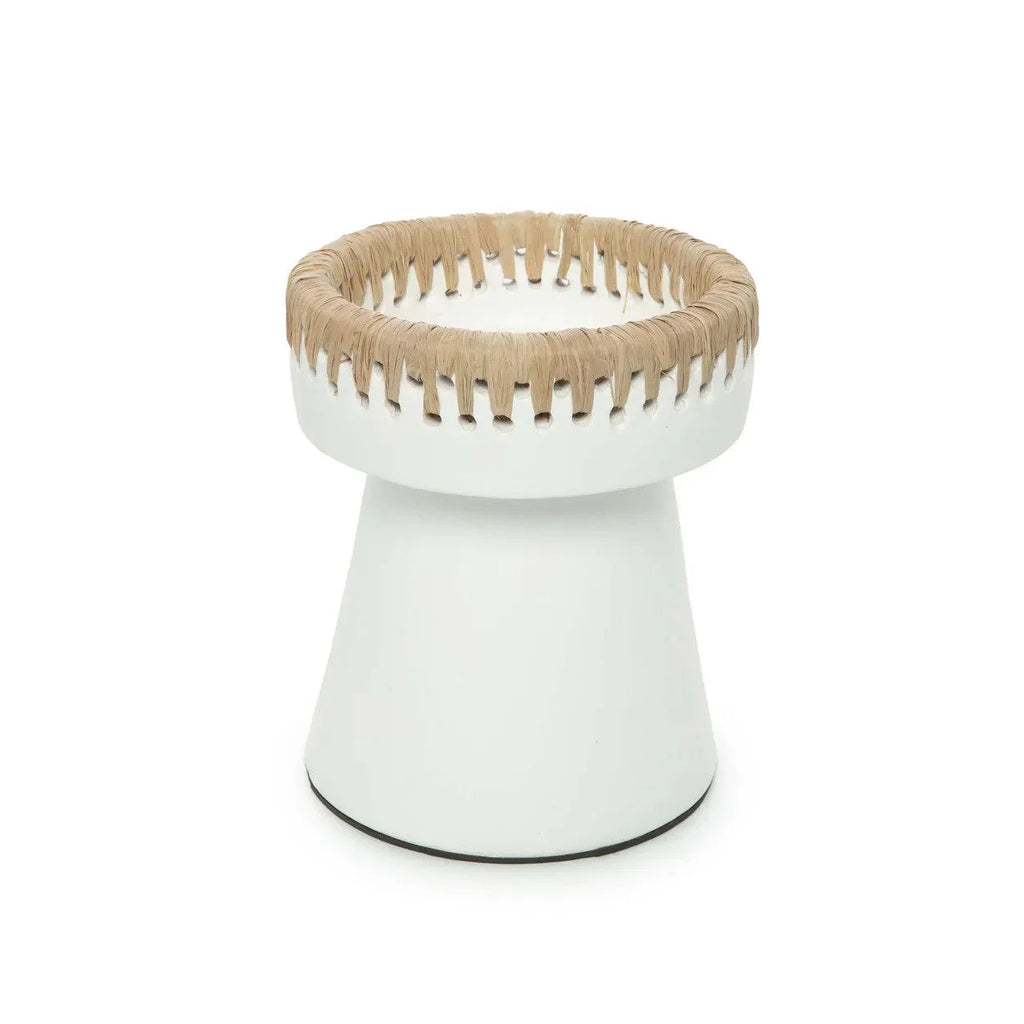 Tabouret en céramique blanche avec bord en raphia naturel H16 cm