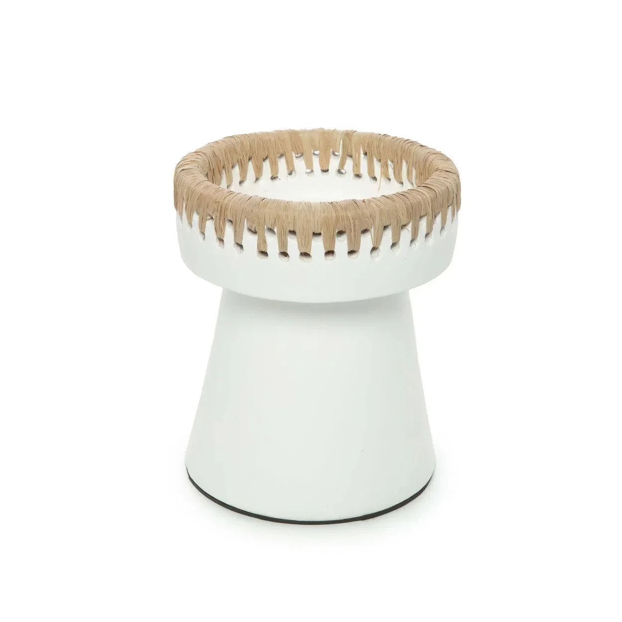 Tabouret en céramique blanche avec bord en raphia naturel H16 cm