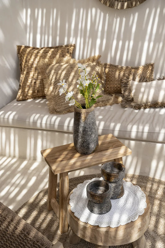Décoration de maison rustique avec porte-bougie en terre cuite gris antique H20 cm