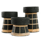 Porte-bougie en terre cuite noire et rotin 20 cm