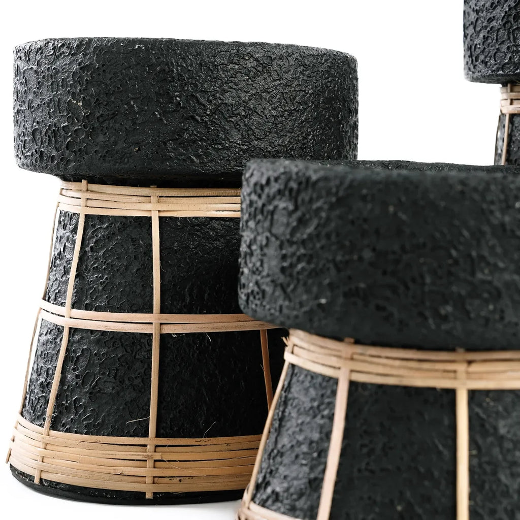 Porte-bougie terre cuite et rotin noir H16 cm