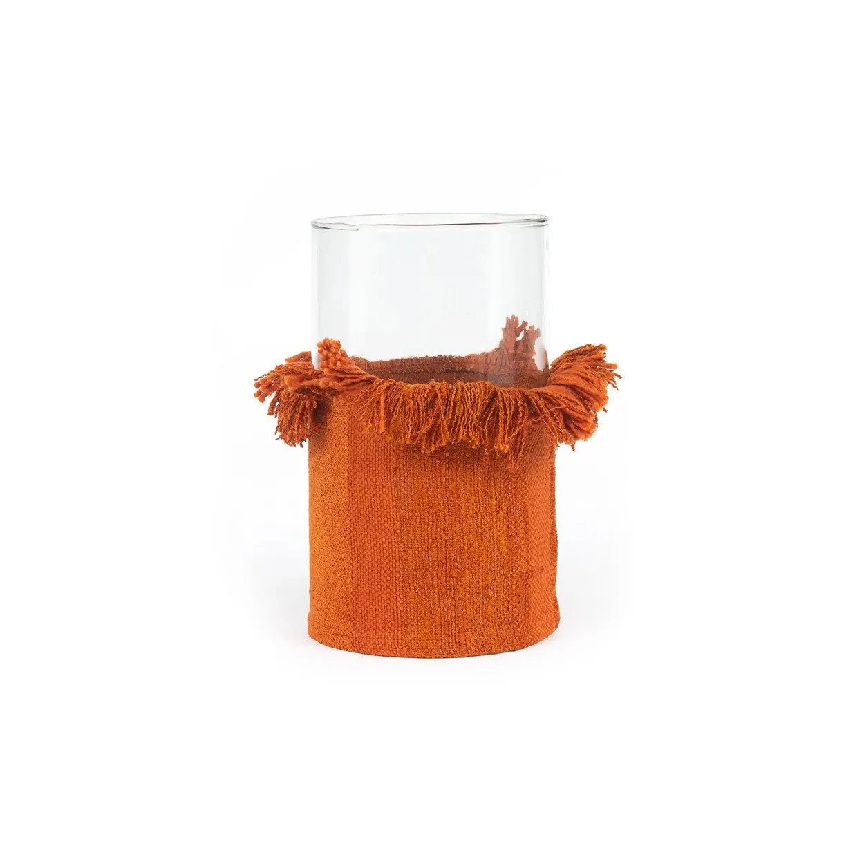 Vase en verre orange avec franges décoratives, idéal pour porte-bougie en velours rouille