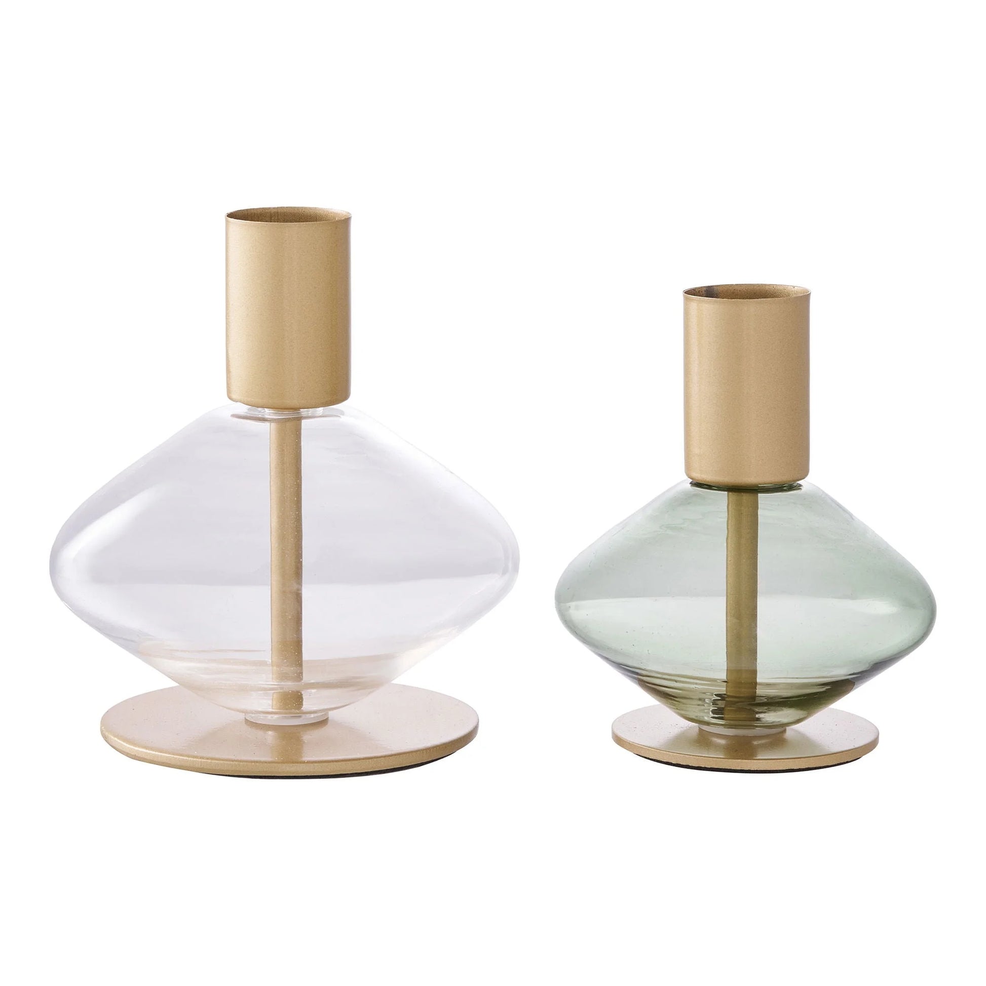 Deux porte-bougies en verre et métal doré vert pour décoration élégante