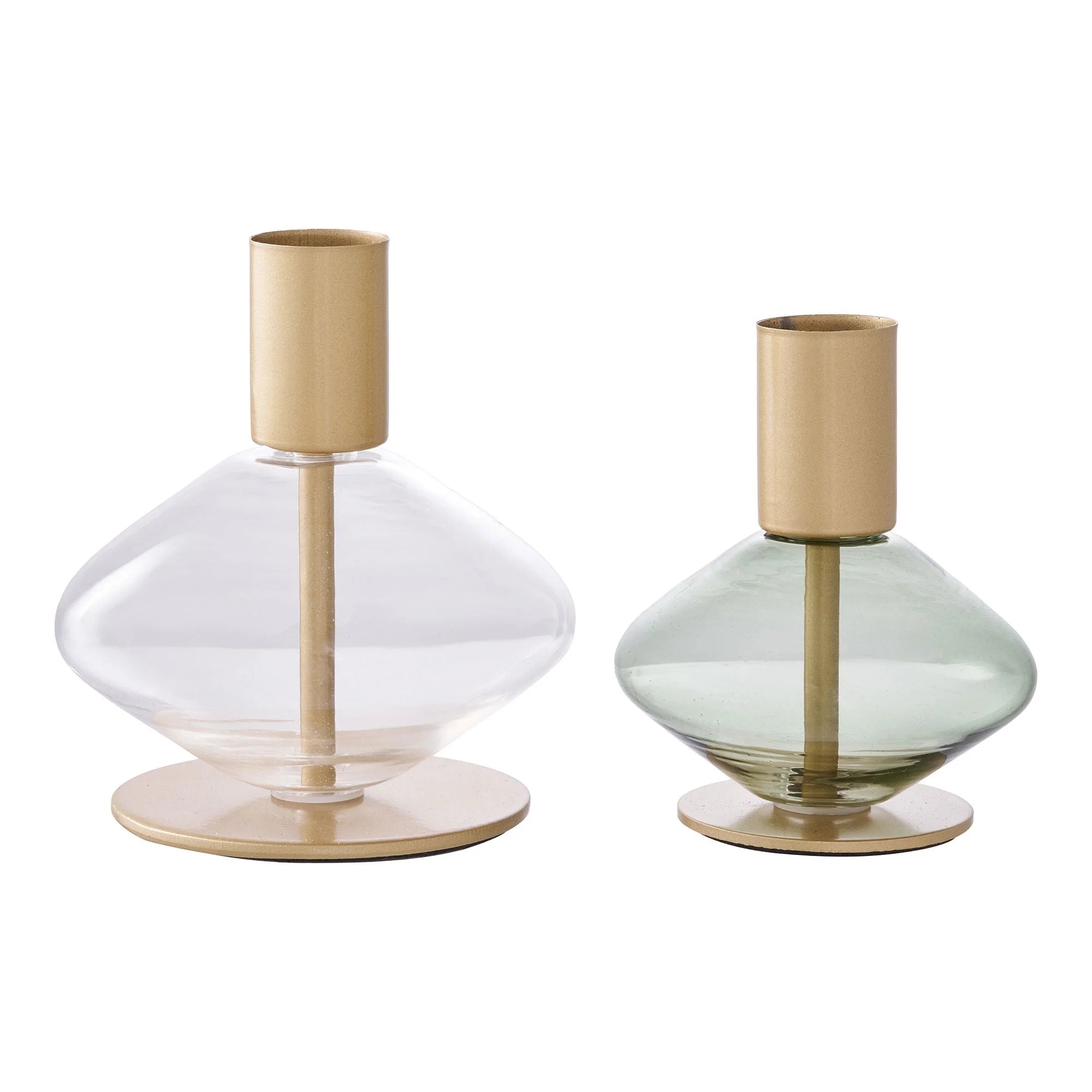 Deux porte-bougies en verre et métal doré vert pour décoration élégante