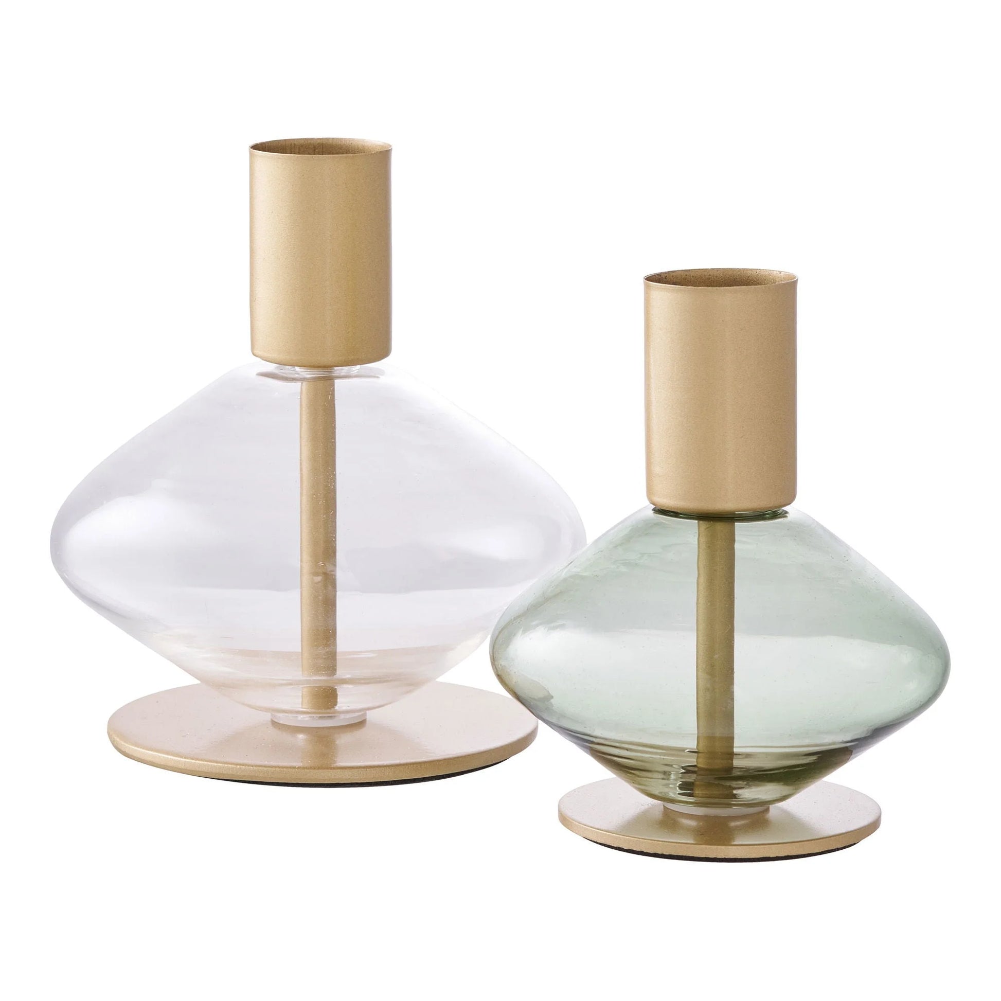 Paire de porte-bougies en verre et métal doré vert pour décoration élégante