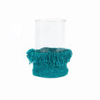 Porte-bougie XXL en verre turquoise avec franges en coton tissé
