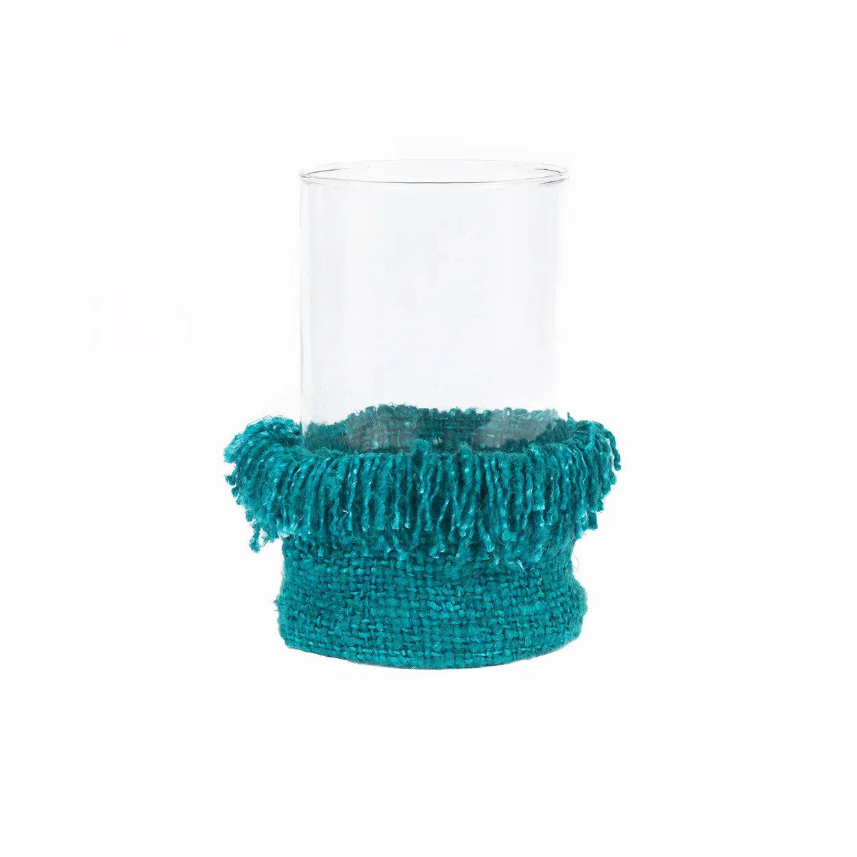 Porte-bougie XXL en verre turquoise avec franges en coton tissé