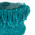 Porte-bougie en verre turquoise avec franges coton XXL en tissu tricoté teal texturé