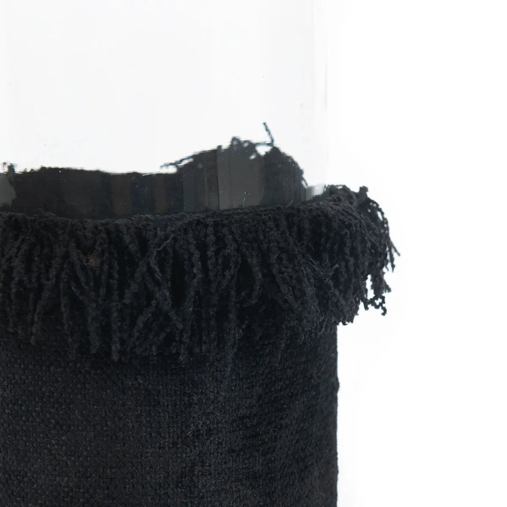 Porte-bougie en verre et velours noir avec franges
