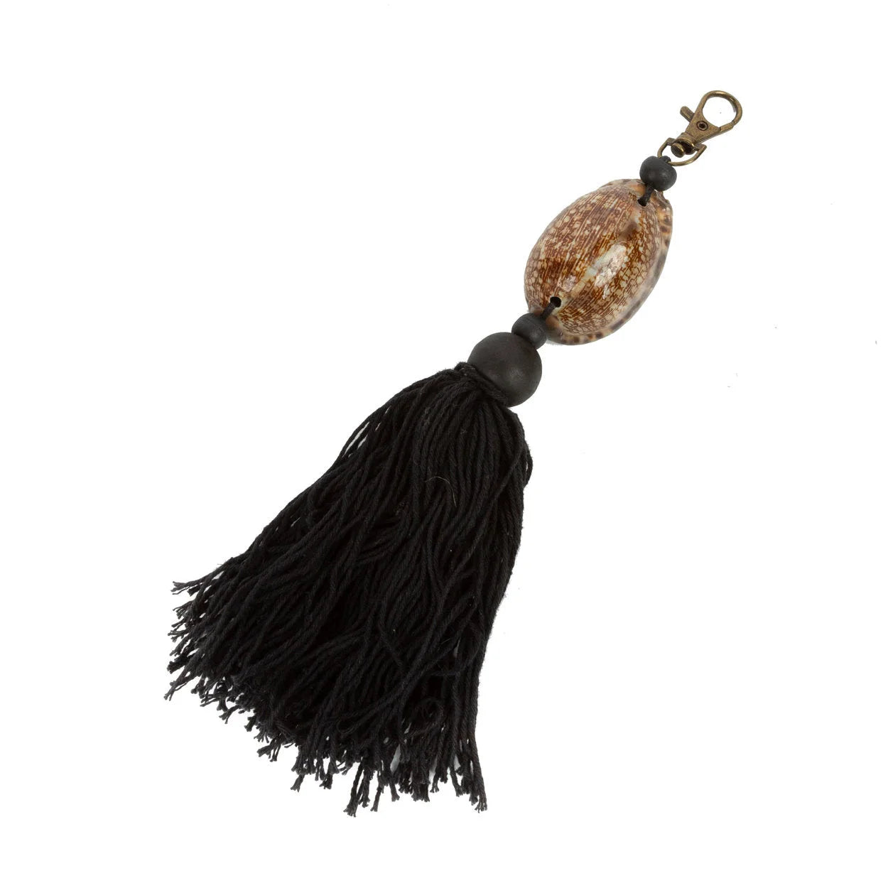 Porte-clés noir marron en bois, coquillage et pompon avec clip et perle dorée
