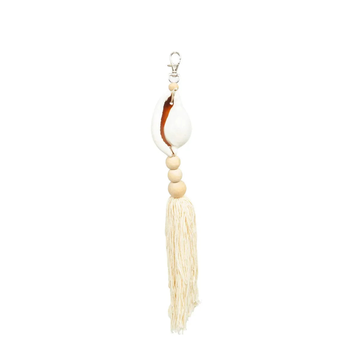Porte-clés coquillage blanc en bois, coton, pompon crème et clip argent