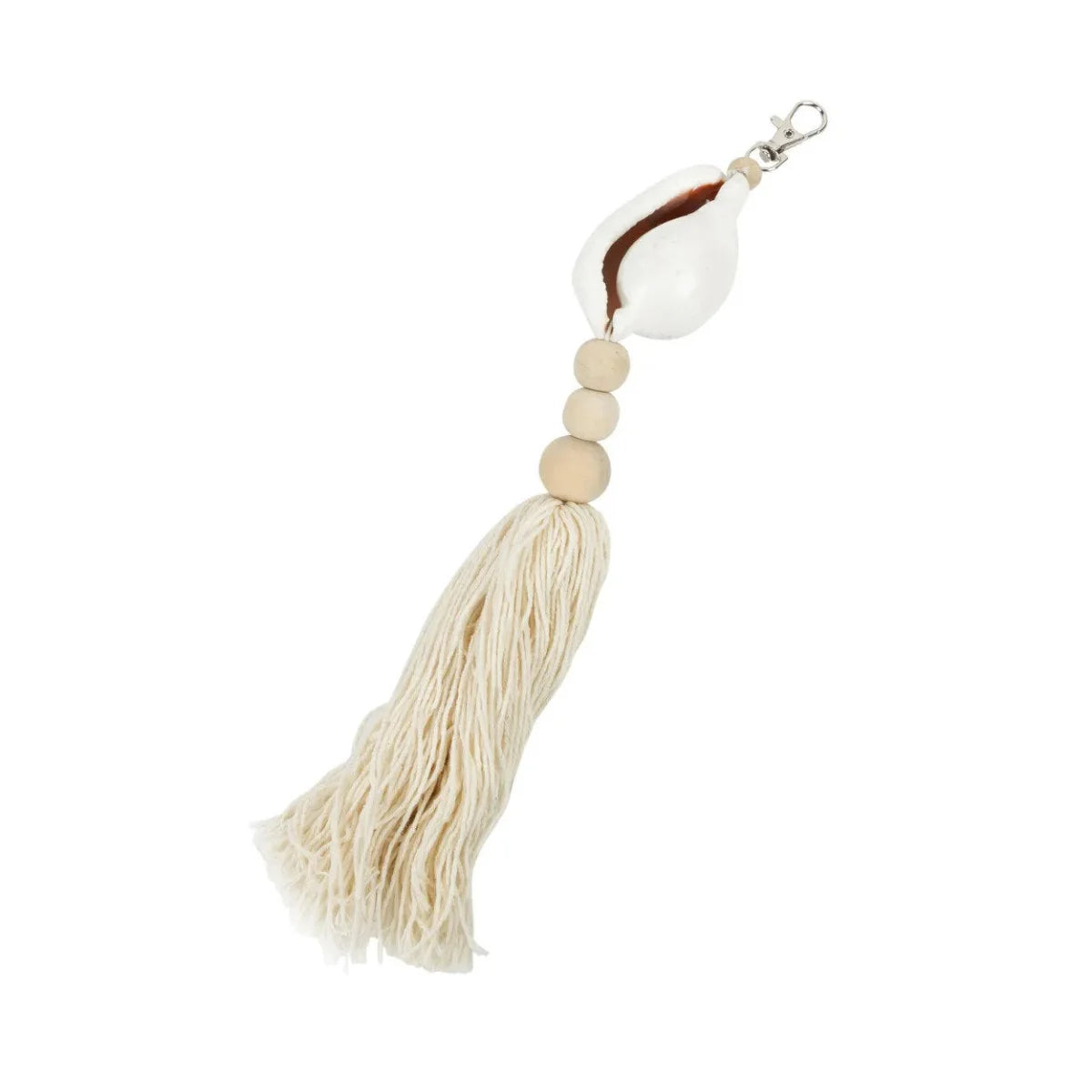 Porte-clés coquillage blanc en bois, coton, pompon crème et perles