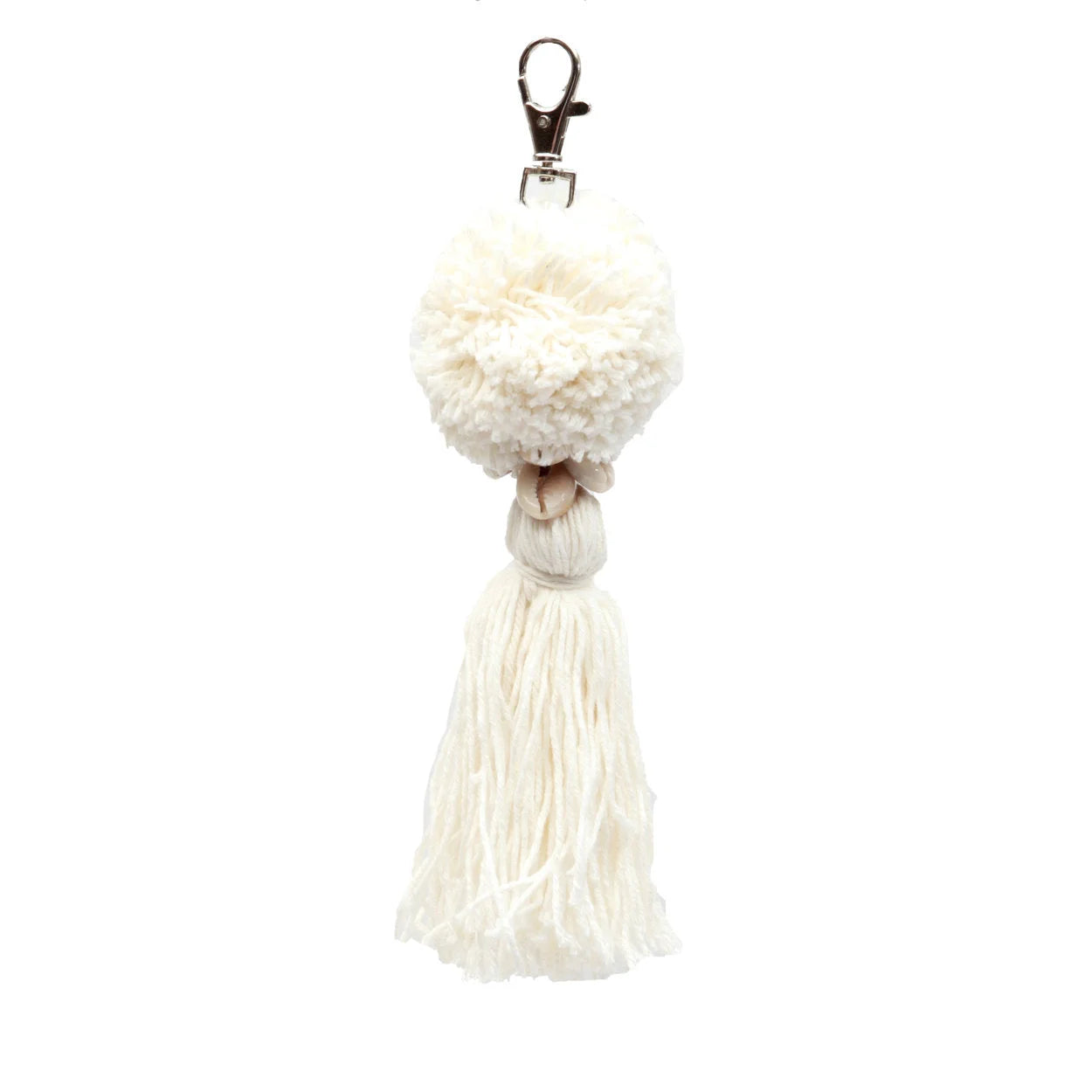 Porte-clés pompon coton écru avec coquillages naturels