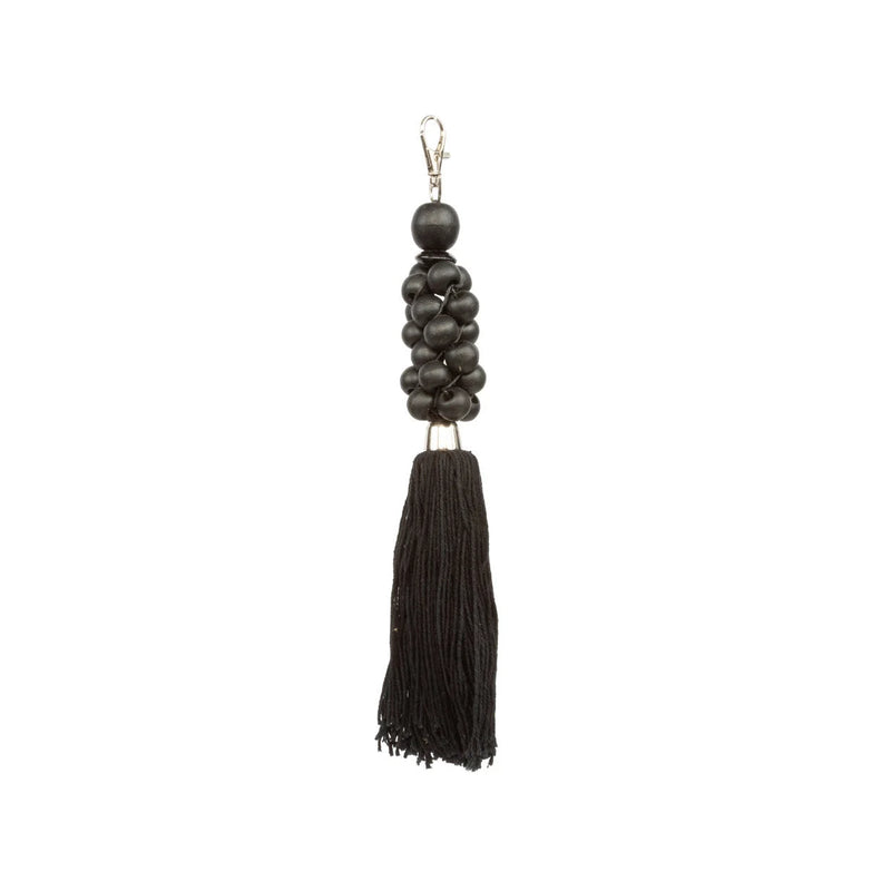 Porte-clés pompon en perles de bois noir