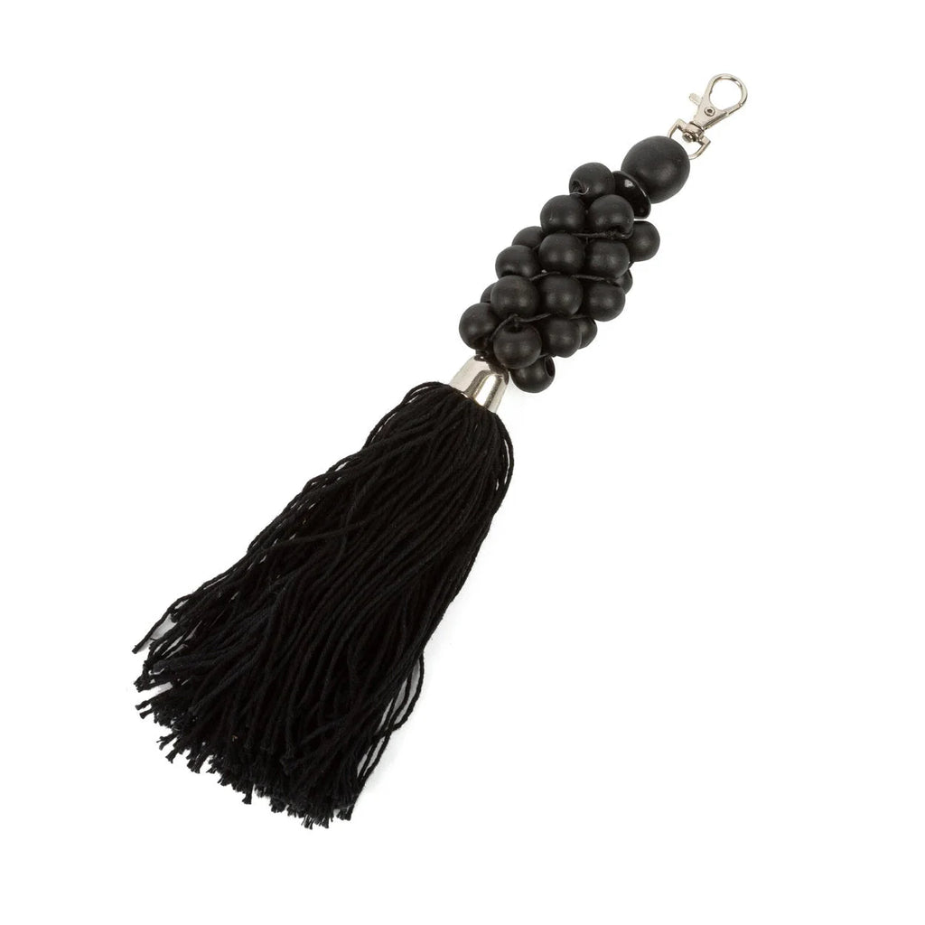 Porte-clés pompon en perles de bois noir avec fermoir argenté