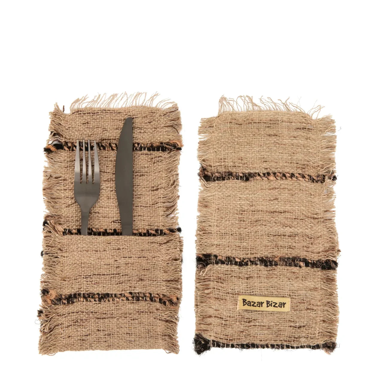 Porte-couverts en coton beige et noir avec porte-cutlery rustique en toile de jute