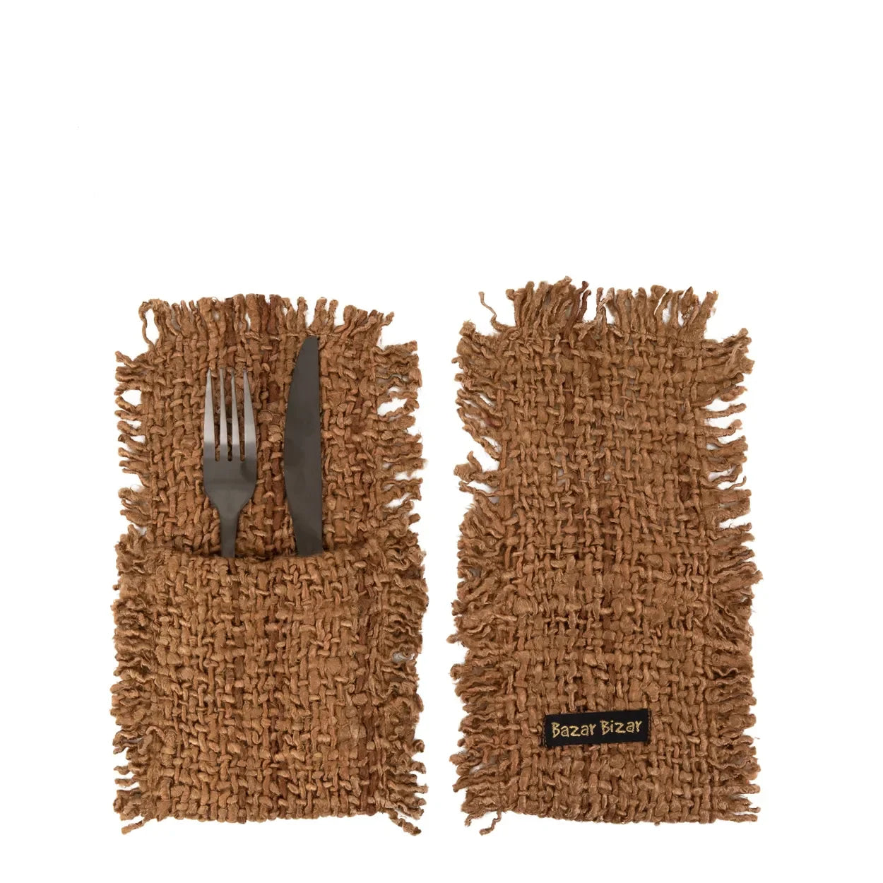 Porte-couverts en coton marron avec couverts en toile de jute, lot de 4