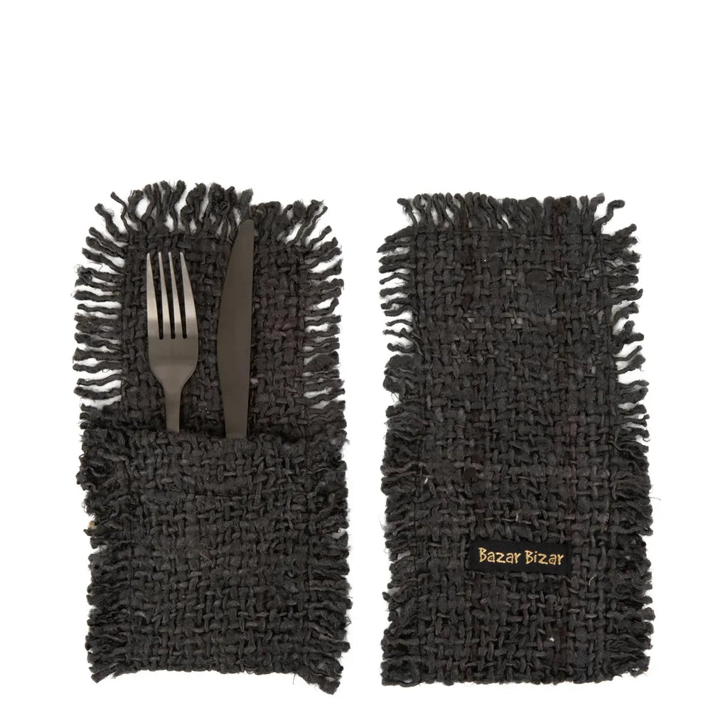 Porte-couverts en coton noir marine avec holders en jute noir pour couverts