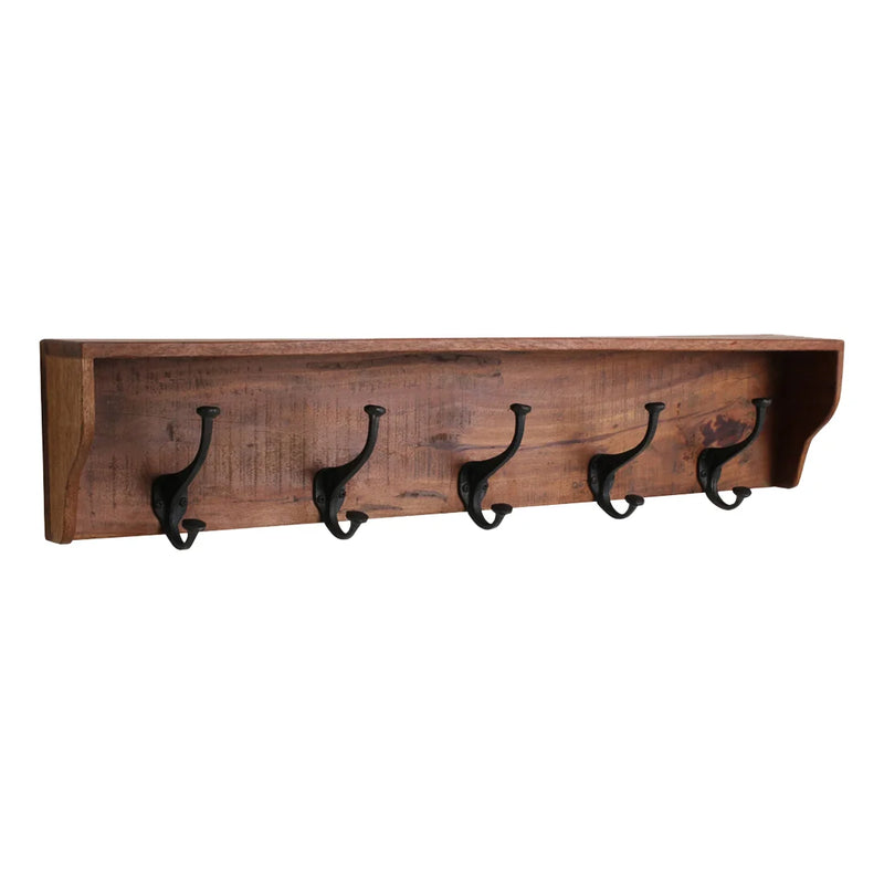 Porte-manteau mural bois recyclé avec étagère rustique – 80x10 cm