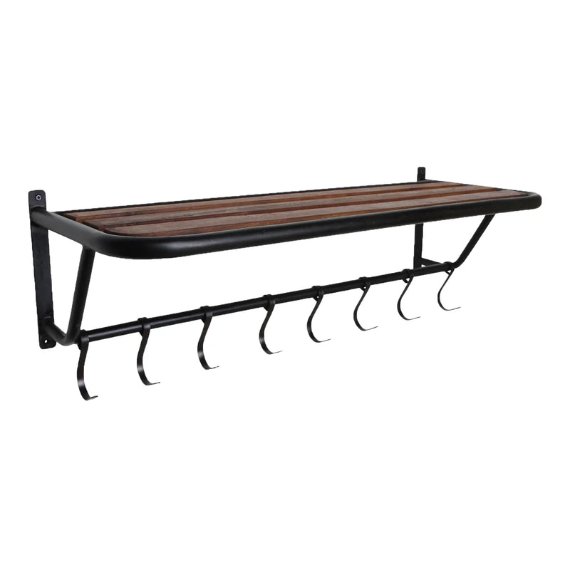 Porte-manteau mural métal noir et plateau bois recyclé – 84x25 cm