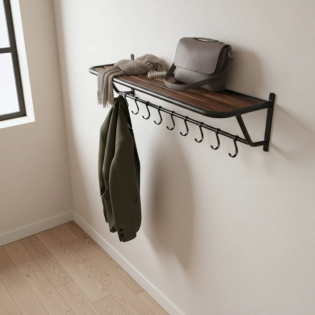 Porte-manteau mural en métal noir avec plateau bois recyclé 84x25 cm
