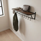 Porte-manteau mural en métal noir avec plateau bois recyclé 84x25 cm