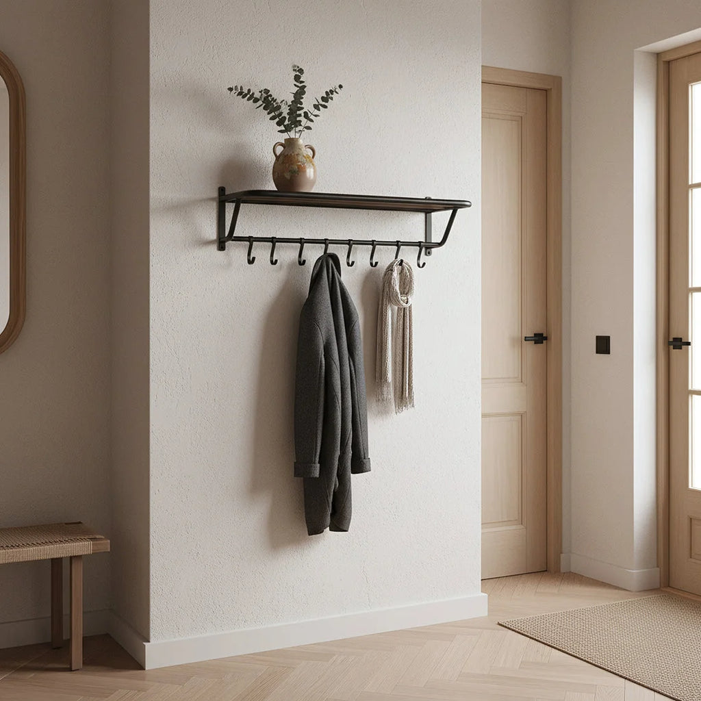 Porte-manteau mural métal noir avec plateau bois recyclé, 84x25 cm