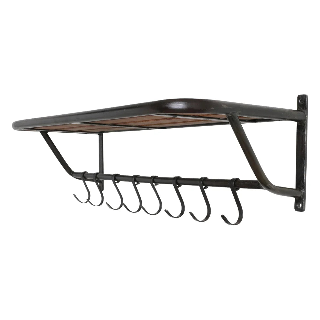Porte-manteau mural en métal noir avec plateau bois recyclé, 84x25 cm