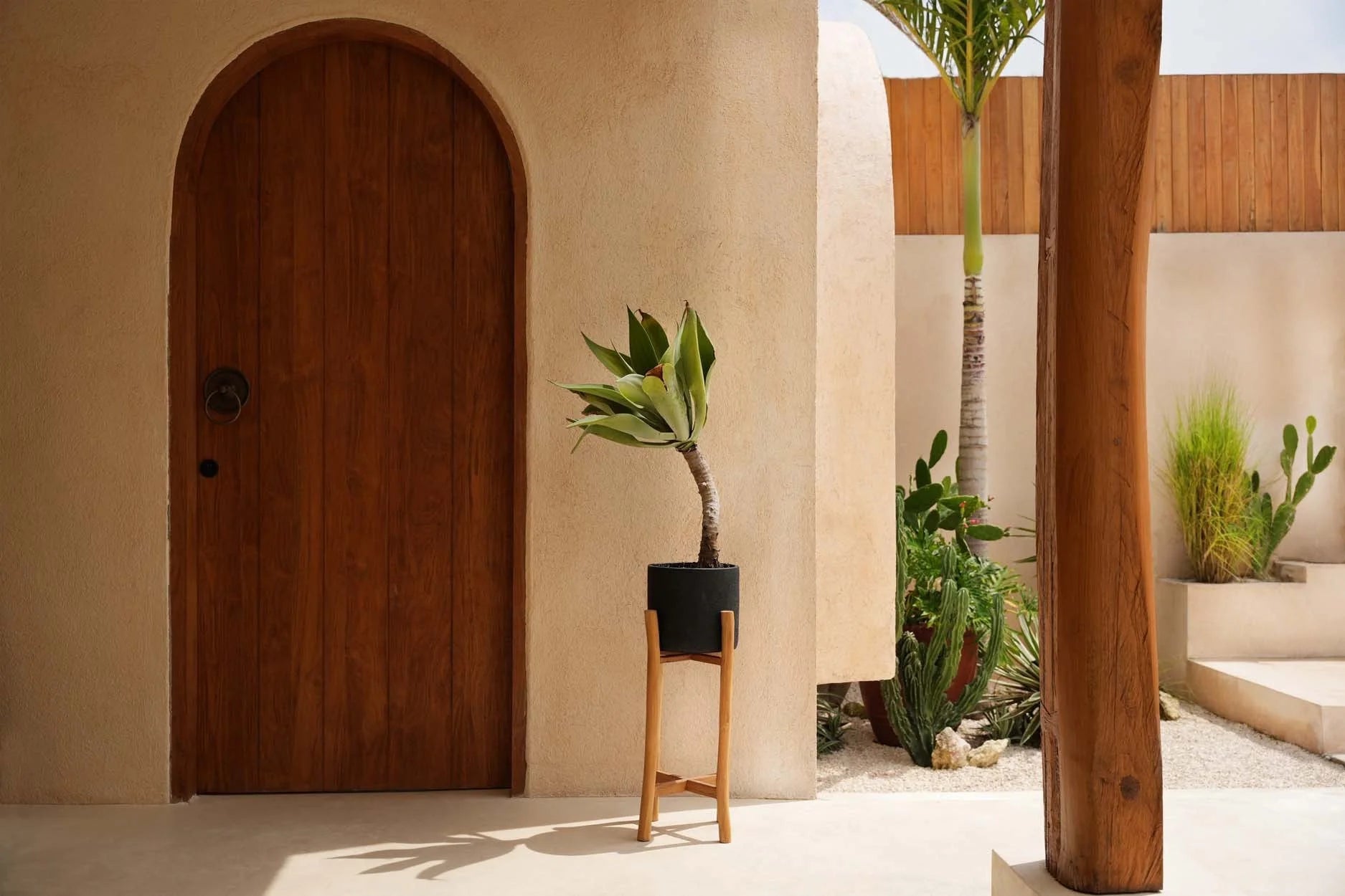 Porte-plante en bois naturel avec porte-arche et pot en terre cuite noire H68 cm