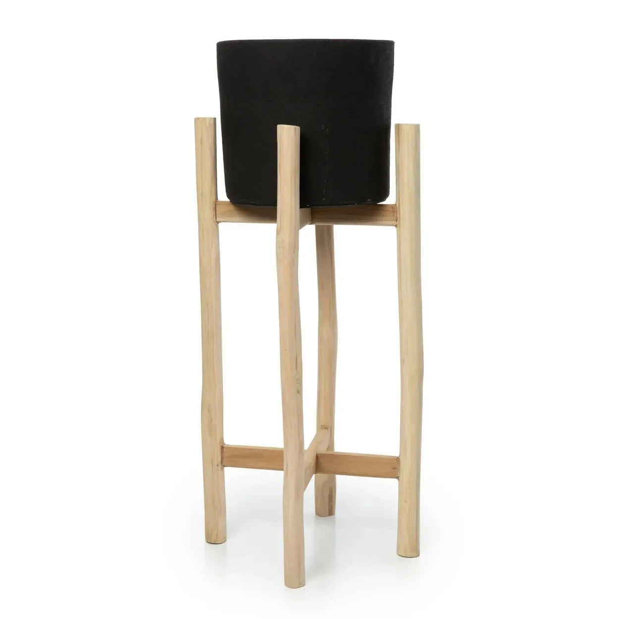 Pot de plante noir sur support en bois naturel, hauteur 68 cm, style moderne