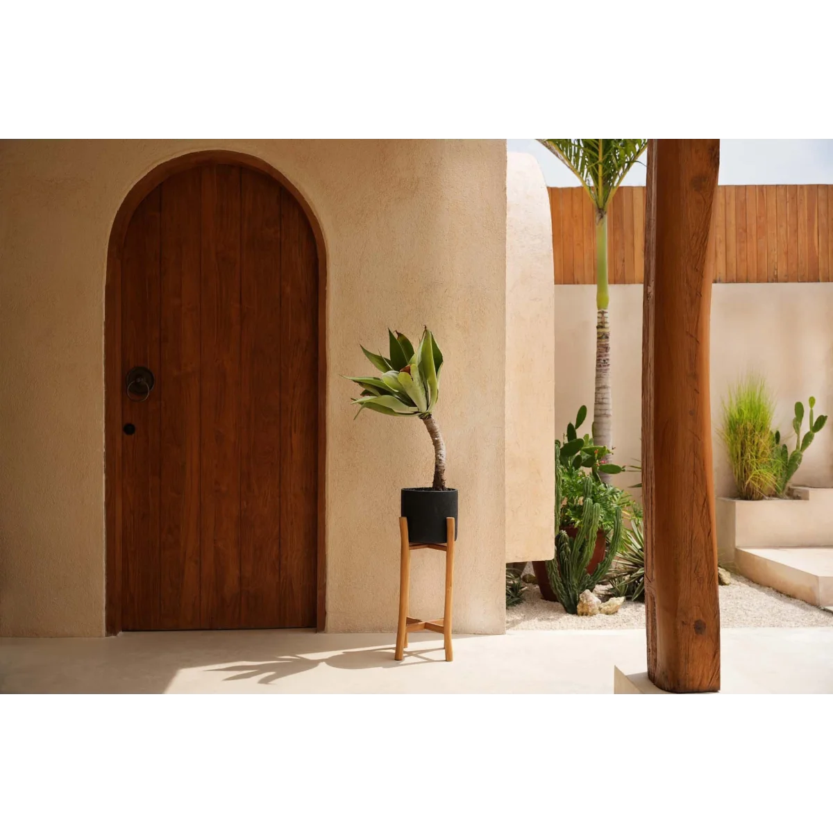 Porte-plante en bois naturel avec pot en terre cuite noire et feuillage vert pâle