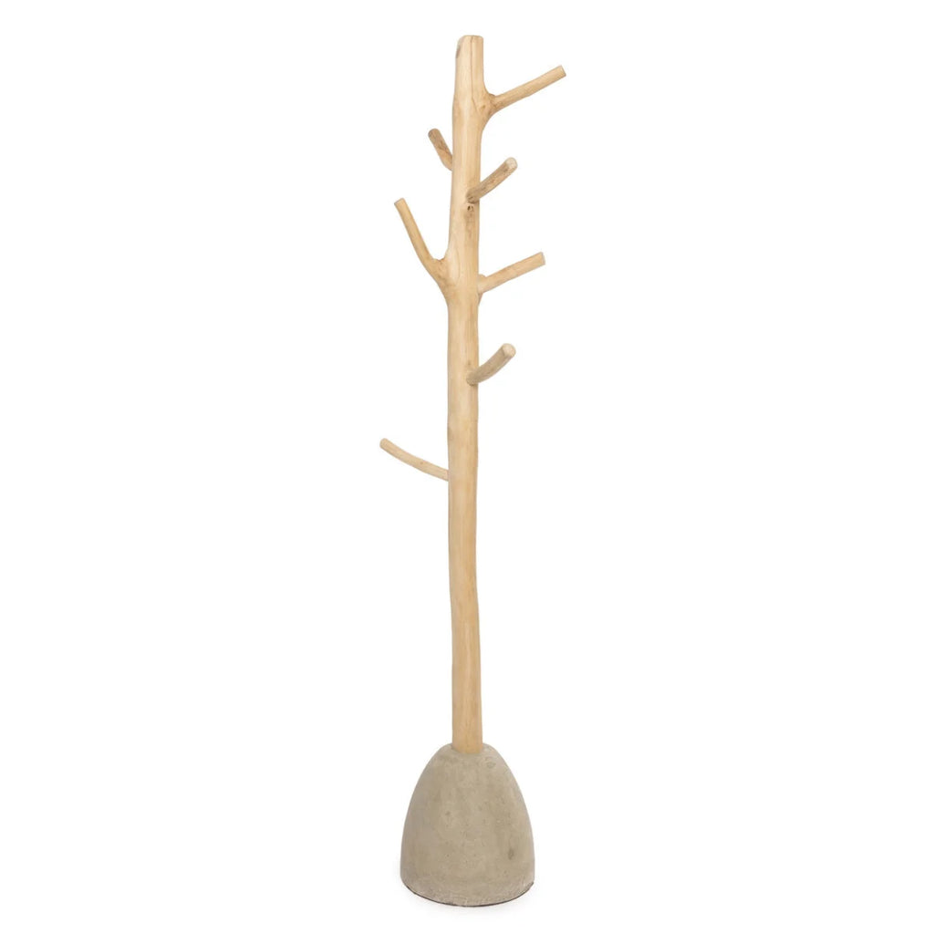 Portemanteau en bois de teck clair base béton forme arbre – H150 cm