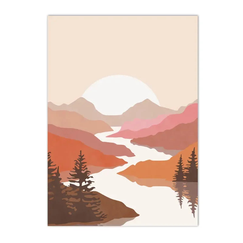 Peinture de paysage abstrait pour le poster coucher de soleil sur rivière et forêt