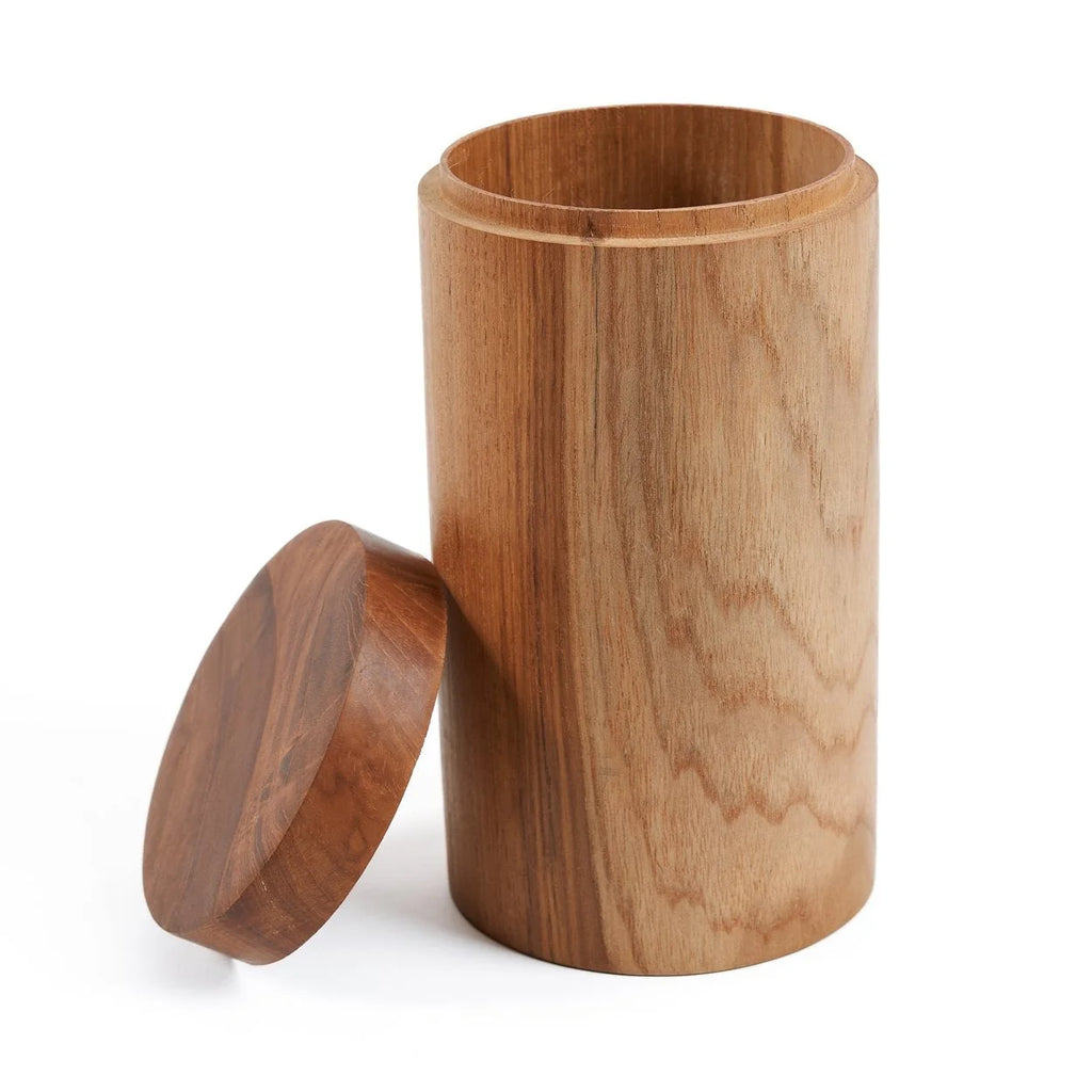 Pot décoratif en racine de teck sculptée en cylindre avec couvercle, hauteur 19 cm