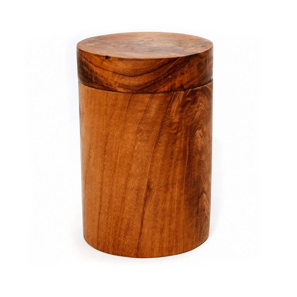 Contenant cylindrique en bois de teck sculpté avec couvercle, décoratif et pratique