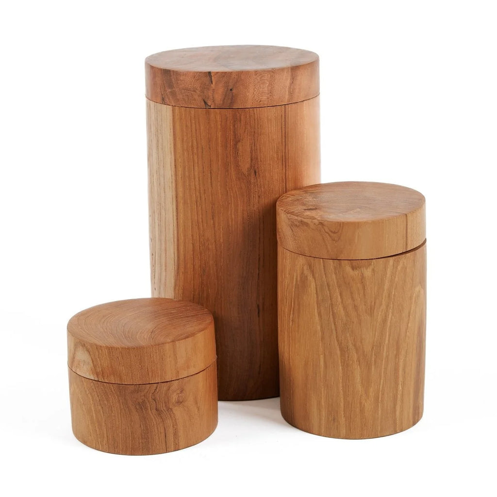 Trois contenants cylindriques en bois sculpté racine de teck pour décoration intérieure