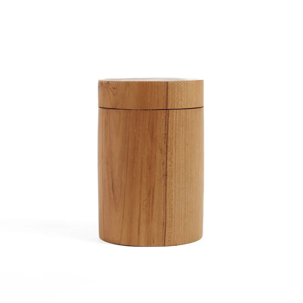 Contenant cylindrique en bois de teck avec couvercle, Le pot en racine de teck M