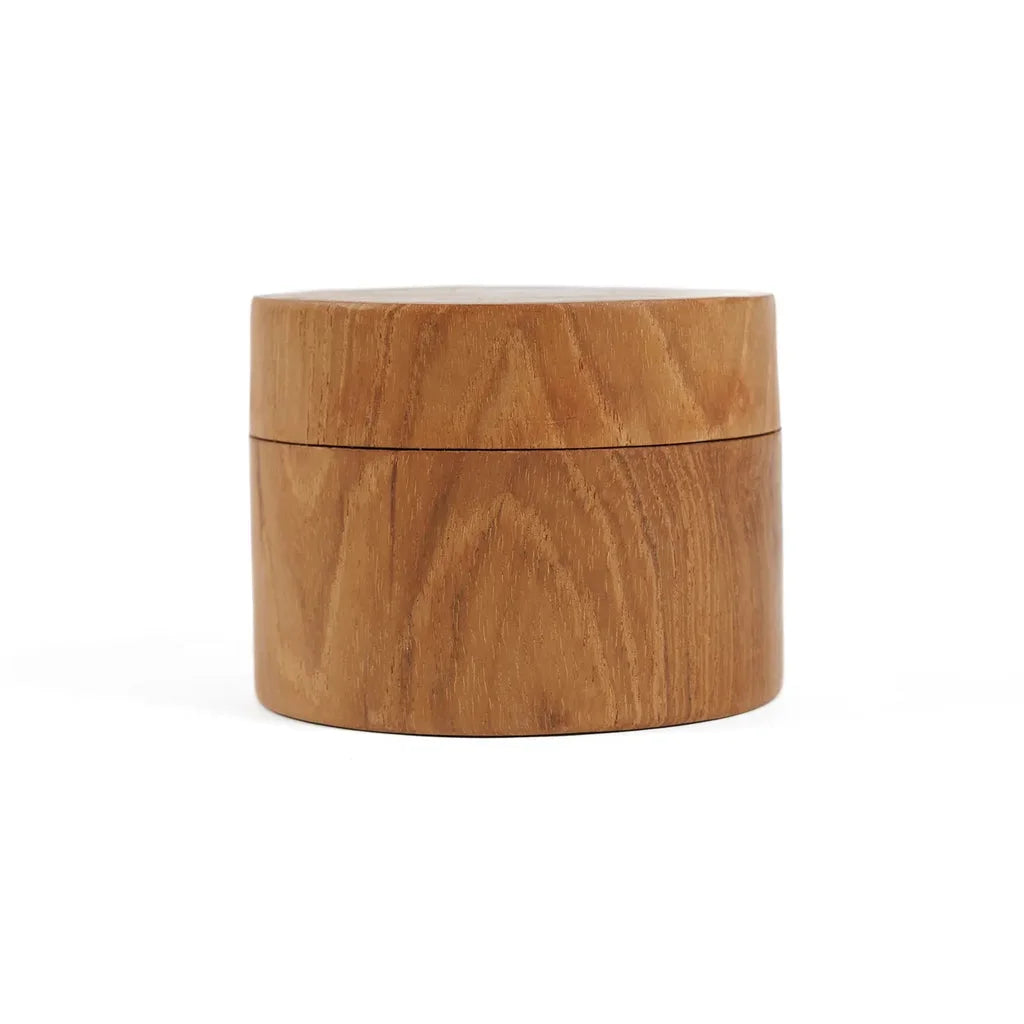 Boîte cylindrique en bois de teck avec couvercle pour le produit Le pot en racine de teck S