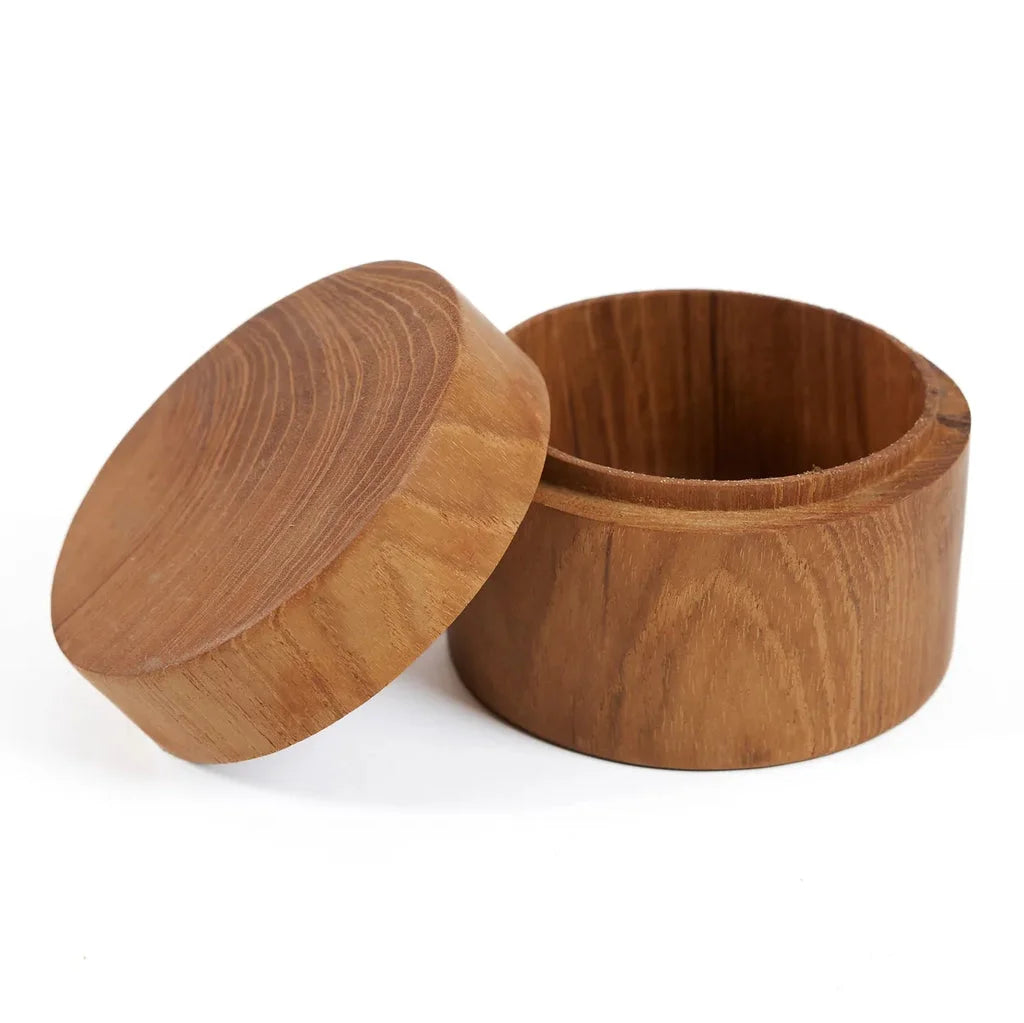 Boîte ronde en bois de teck avec couvercle pour décoration ou rangement