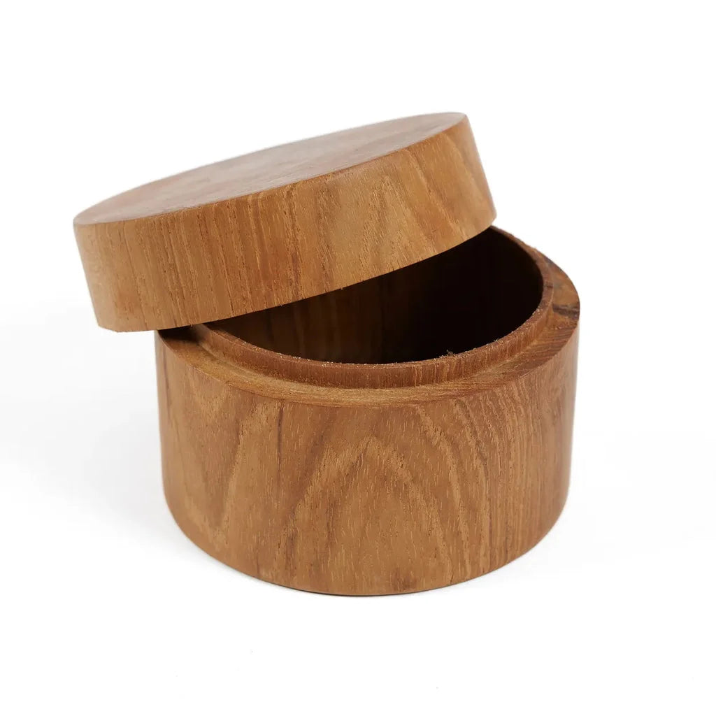 Contenant rond en bois de teck avec couvercle dans le produit Le pot en racine de teck S