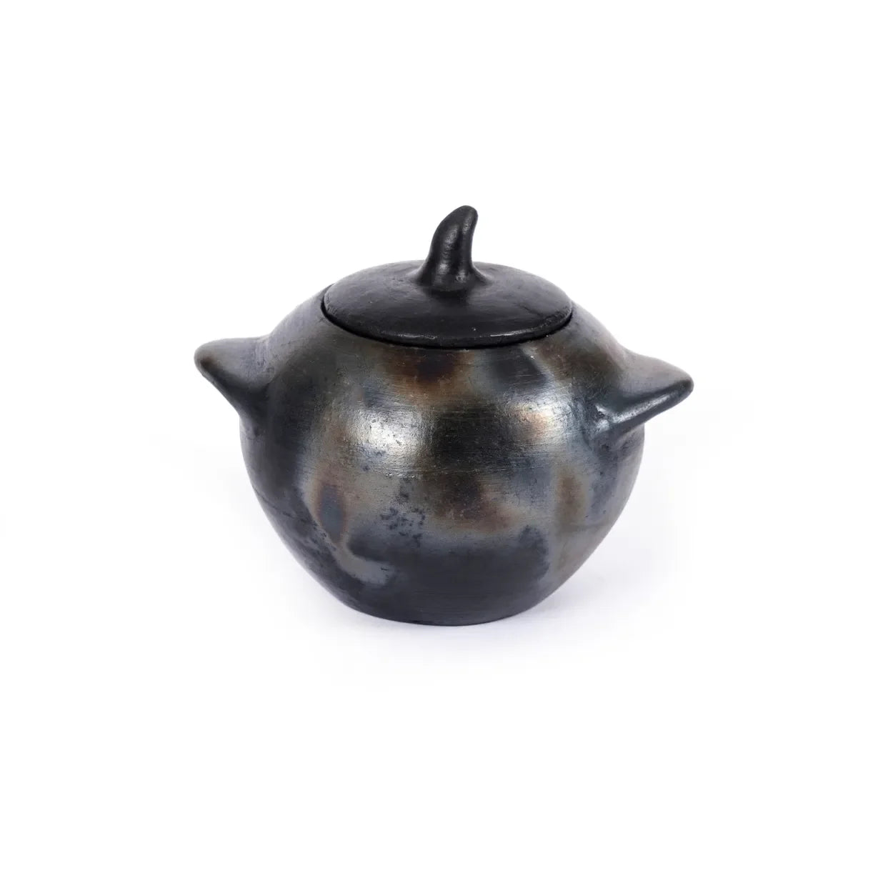 Pot en terre cuite noir brûlé fait main avec jarre et couvercle de 11 cm