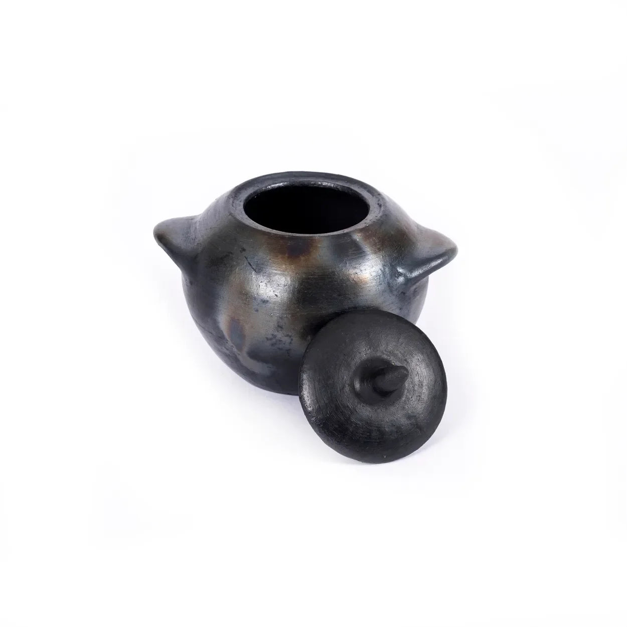 Pot en terre cuite noir brûlé fait main avec couvercle de 11 cm